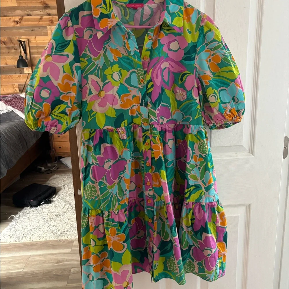 Boutique Vibrant Floral Tiered Button-Front Women’s Dress - Multicolor - Picture 2 of 5